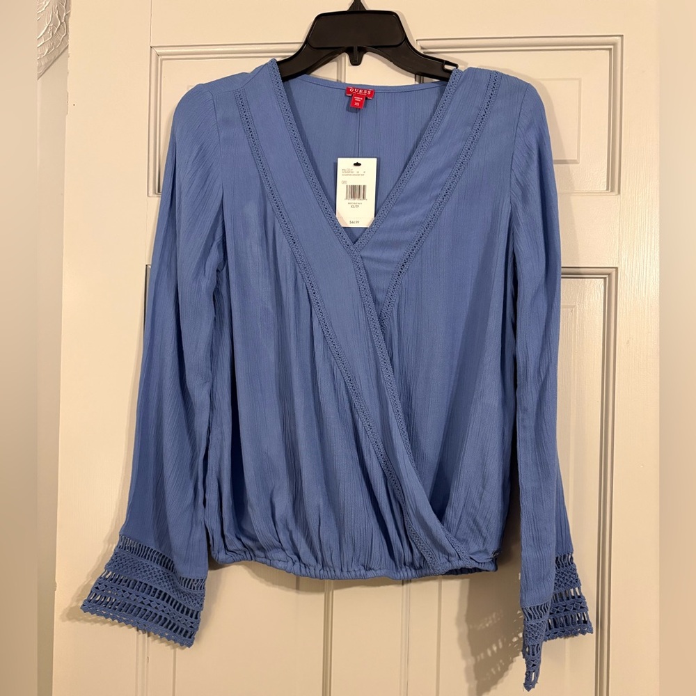 NEW Guess XS Blue Surplice Lace Trim Long Sleeve V Neck Blouse